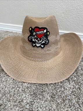 Ed Hardy straw Cowboy Hat with Skull & Heart Patch - Beige